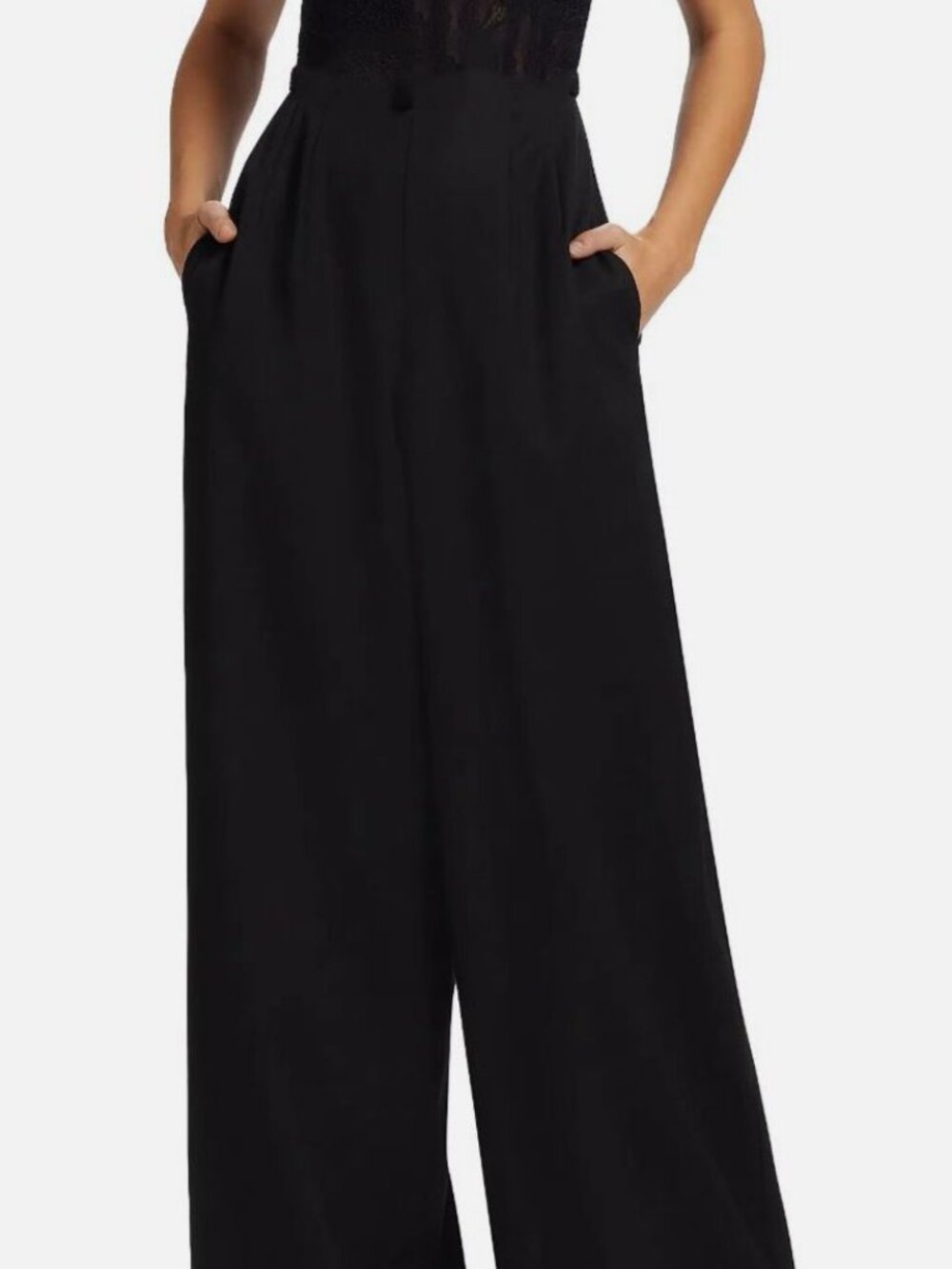 Oscar de la Renta Women Black Lace-Trimmed Grain De Poudre Wool Jumpsuit Size 6